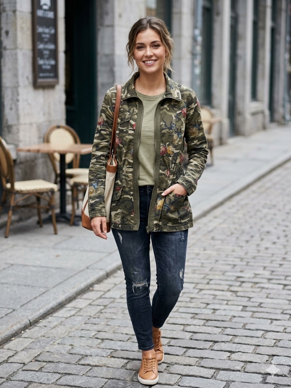{Ashley by 26 International} Floral Camo Drawstring Waist Utility Jacket